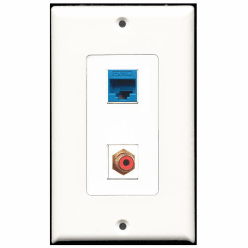 RiteAV - 1 Port RCA Red - 1 Port Cat5e Ethernet Blue  Wall Plate Decora White