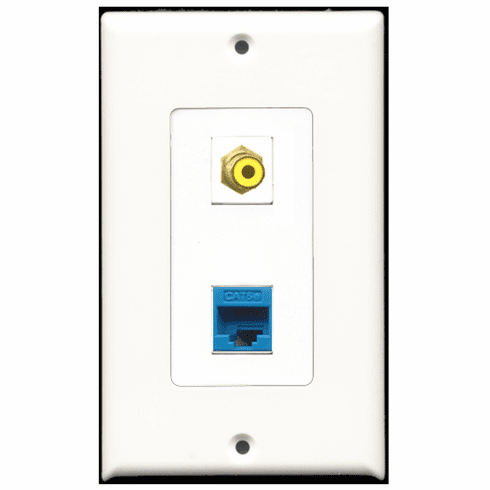 RiteAV - 1 Port RCA Yellow - 1 Port Cat5e Ethernet Blue  Wall Plate Decora White
