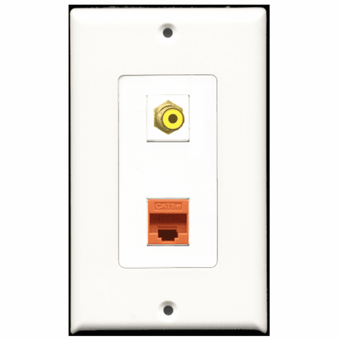 RiteAV - 1 Port RCA Yellow - 1 Port Cat5e Ethernet Orange  Wall Plate Decora White