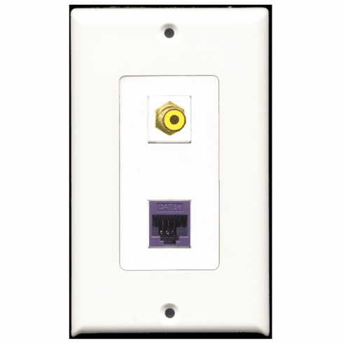 RiteAV - 1 Port RCA Yellow - 1 Port Cat5e Ethernet Purple  Wall Plate Decora White
