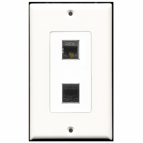 RiteAV - 1 Port Shielded Cat6 Ethernet - 1 Port Cat5e Ethernet Black  Wall Plate Decora White
