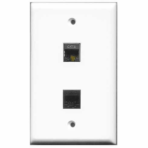 RiteAV - 1 Port Shielded Cat6 Ethernet - 1 Port Cat5e Ethernet Black  Wall Plate White
