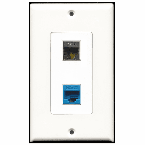 RiteAV - 1 Port Shielded Cat6 Ethernet - 1 Port Cat5e Ethernet Blue  Wall Plate Decora White