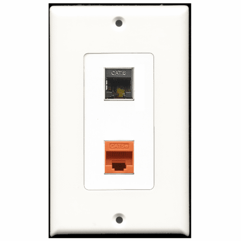 RiteAV - 1 Port Shielded Cat6 Ethernet - 1 Port Cat5e Ethernet Orange  Wall Plate Decora White