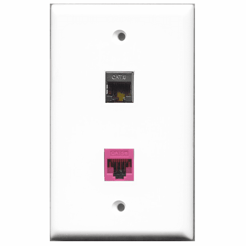 RiteAV - 1 Port Shielded Cat6 Ethernet - 1 Port Cat5e Ethernet Pink  Wall Plate White