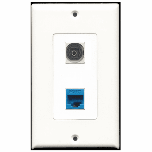 RiteAV - 1 Port Toslink Digital Audio - 1 Port Cat5e Ethernet Blue  Wall Plate Decora White