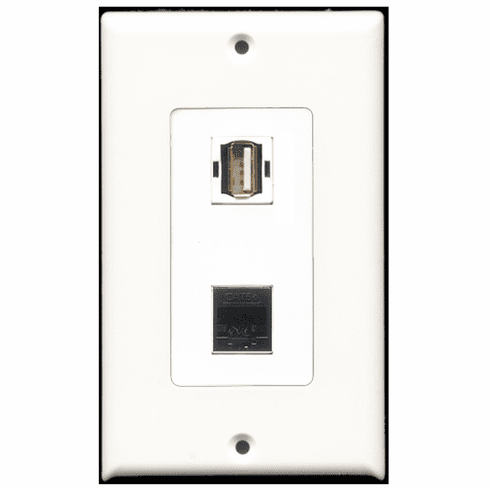 RiteAV - 1 Port USB A-A - 1 Port Cat5e Ethernet Black  Wall Plate Decora White