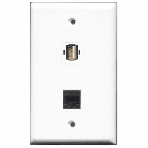RiteAV - 1 Port USB A-A - 1 Port Cat5e Ethernet Black  Wall Plate White