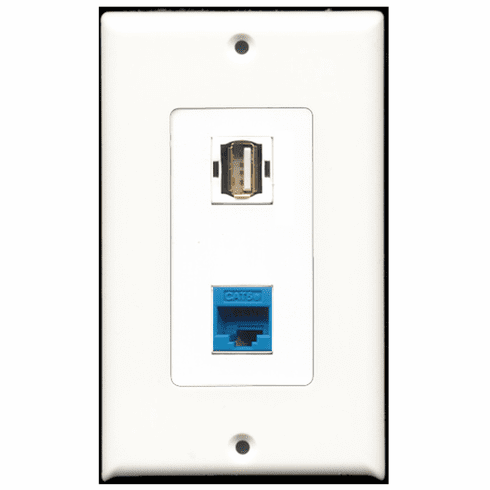 RiteAV - 1 Port USB A-A - 1 Port Cat5e Ethernet Blue  Wall Plate Decora White