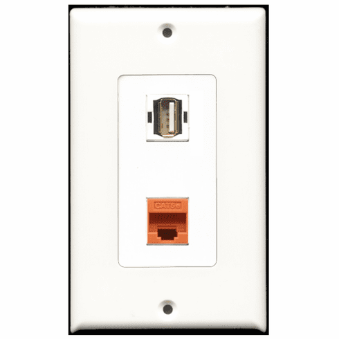 RiteAV - 1 Port USB A-A - 1 Port Cat5e Ethernet Orange  Wall Plate Decora White