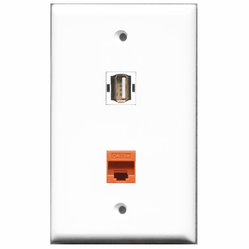 RiteAV - 1 Port USB A-A - 1 Port Cat5e Ethernet Orange  Wall Plate White