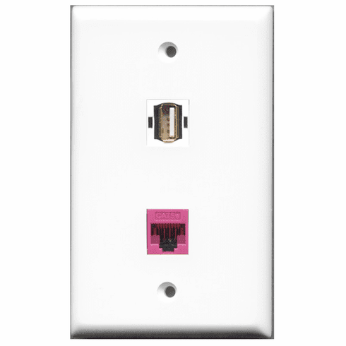 RiteAV - 1 Port USB A-A - 1 Port Cat5e Ethernet Pink  Wall Plate White