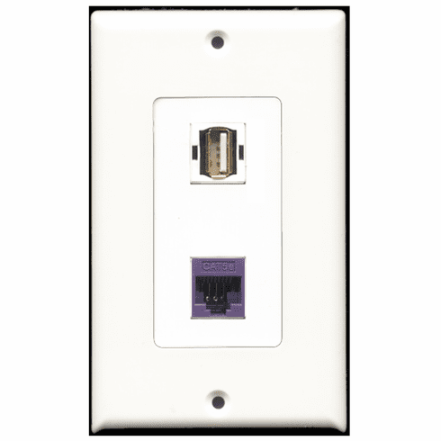 RiteAV - 1 Port USB A-A - 1 Port Cat5e Ethernet Purple  Wall Plate Decora White