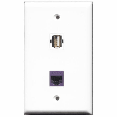 RiteAV - 1 Port USB A-A - 1 Port Cat5e Ethernet Purple  Wall Plate White