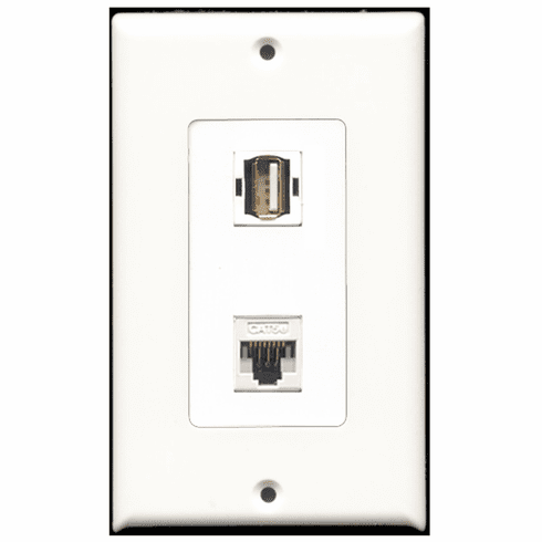RiteAV - 1 Port USB A-A - 1 Port Cat5e Ethernet White  Wall Plate Decora White