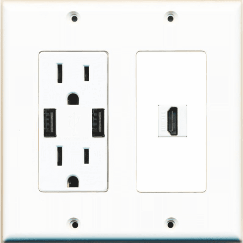 RiteAV 15 Amp 125V Power Outlet (2 USB Charger Receptacle) 1 Hdmi Wall Plate White