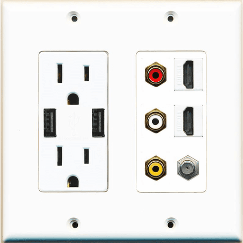 RiteAV 15 Amp 125V Power Outlet (2 USB Charger Receptacle) 2 Hdmi Coax 3 RCA Composite Wall Plate