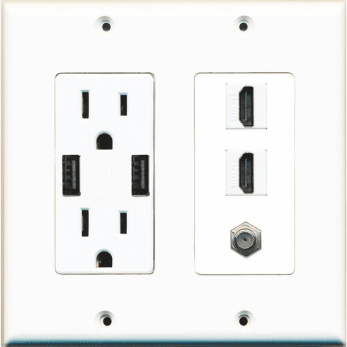 RiteAV 15 Amp 125V Power Outlet (2 USB Charger Receptacle) 2 Hdmi Coax Wall Plate White