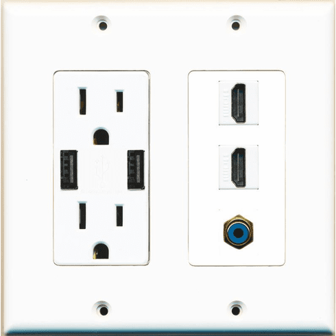 RiteAV 15 Amp 125V Power Outlet (2 USB Charger Receptacle) 2 Hdmi RCA Wall Plate White