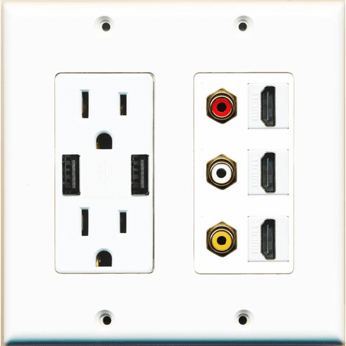 RiteAV 15 Amp 125V Power Outlet (2 USB Charger Receptacle) 3 Hdmi 3 RCA Composite Wall Plate White