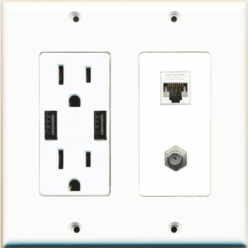 RiteAV 15 Amp 125V Power Outlet (2 USB Charger Receptacle) Cat5e Coax Wall Plate White