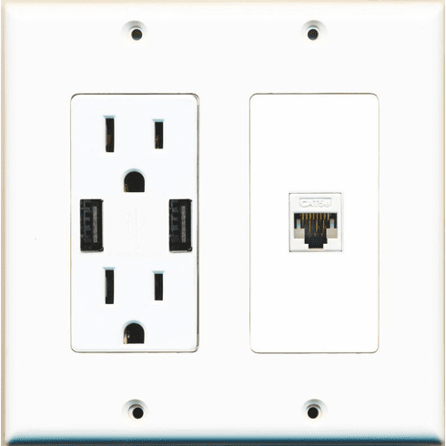 RiteAV 15 Amp 125V Power Outlet (2 USB Charger Receptacle) Cat5e Ethernet Wall Plate White