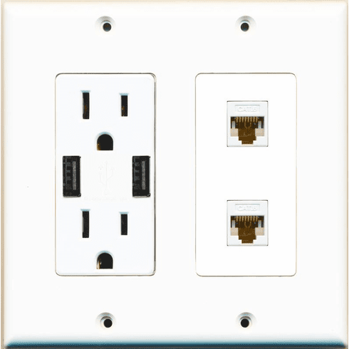 RiteAV 15 Amp 125V Power Outlet (2 USB Charger Receptacle) Cat6 Wall Plate White