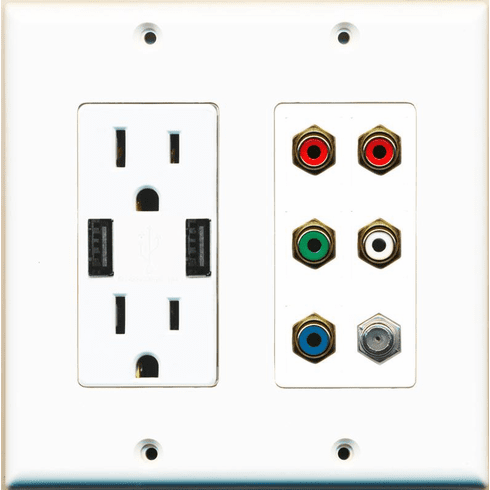 RiteAV 15 Amp 125V Power Outlet (2 USB Charger Receptacle) Coax Component Stereo Wall Plate White