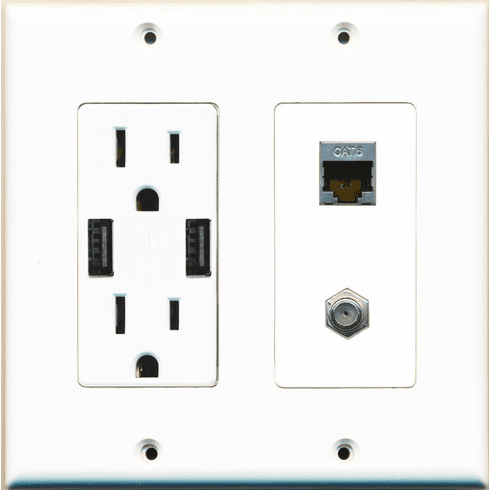 RiteAV 15 Amp 125V Power Outlet (2 USB Charger Receptacle) Coax Shielded Cat6 Wall Plate White