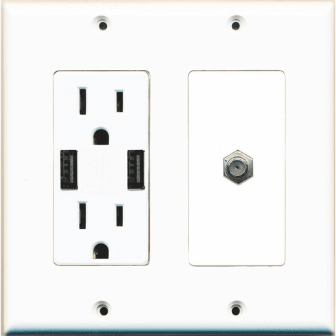 RiteAV 15 Amp 125V Power Outlet (2 USB Charger Receptacle) Coax Wall Plate White