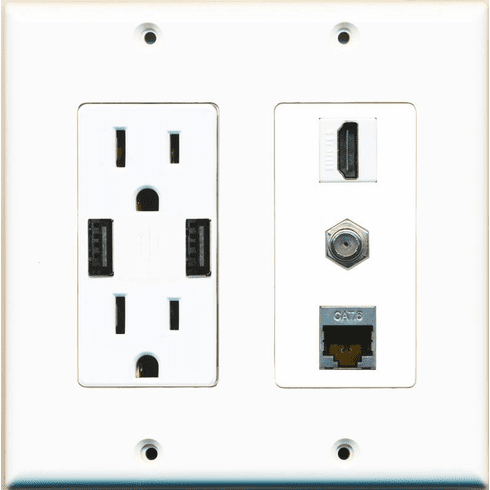 RiteAV 15 Amp 125V Power Outlet (2 USB Charger Receptacle) Hdmi Coax Shielded Cat6 Wall Plate White