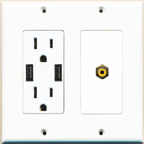 RiteAV 15 Amp 125V Power Outlet (2 USB Charger Receptacle) Rca Yellow Wall Plate White