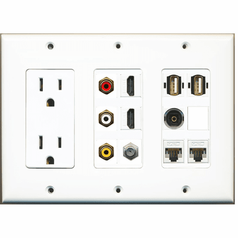 RiteAV 15 Amp Power Outlet 3 x RCA 2 HDMI USB Cat5e 1 Coax Toslink Wall Plate