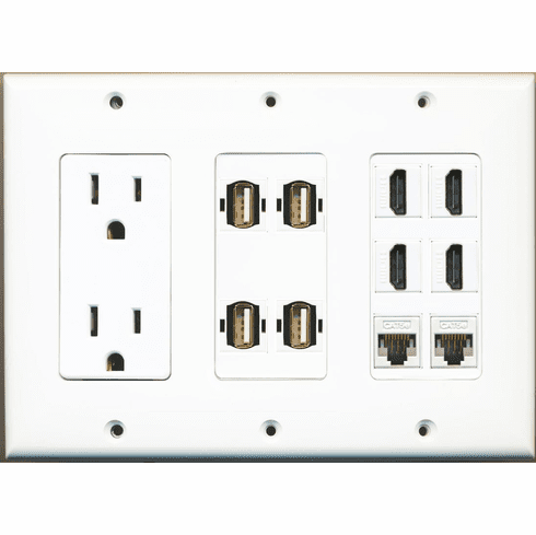 RiteAV 15A 125V Power Outlets + 4 USB A-A  4 x HDMI and 2 CAT5e Port Wall Plate