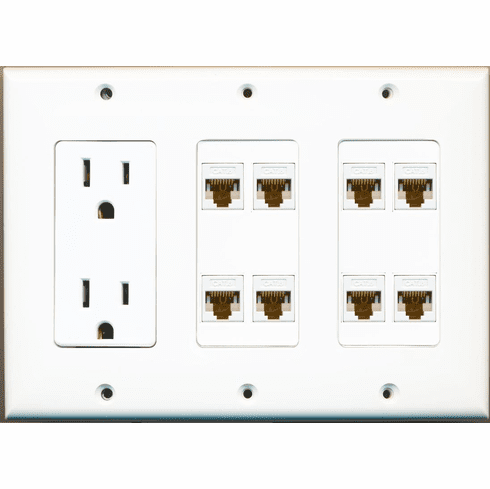 RiteAV 15A 125V Power Outlets + 8 x Cat6 Ethernet Triple 3 Gang Wall Plate