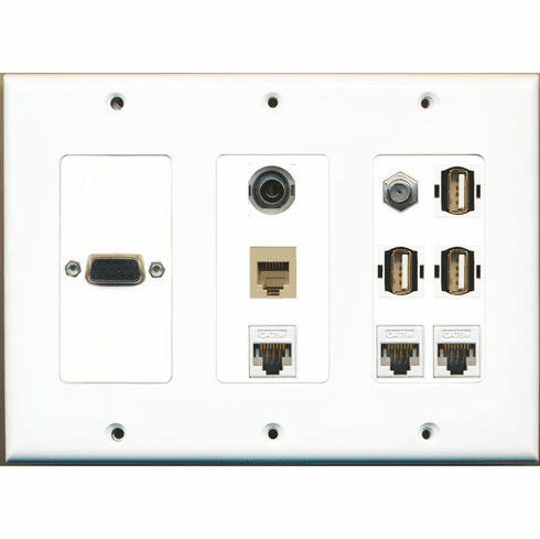 RiteAV 3.5mm 3 Cat5e 1 Coax Rj11/12 Beige 3 Usb A-A Svga Wall Plate White