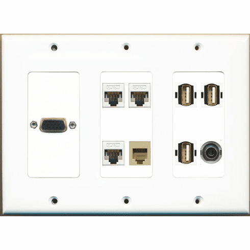 RiteAV 3.5MM 3 Cat5e Rj11/12 Beige 3 Usb A-A Svga Wall Plate White