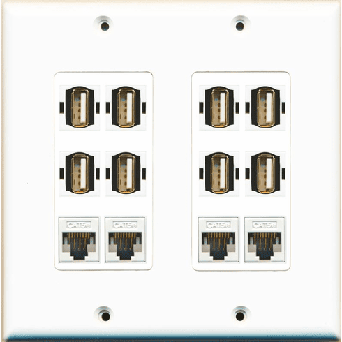 RiteAV 4 Cat5e and 8 USB A-A Wall Plate Decorative Type Dual Gang White