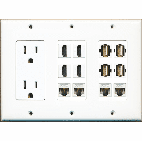 RiteAV 4 Hdmi 4 Cat5e 4 Usb A-A Power Outlet Wall Plate White