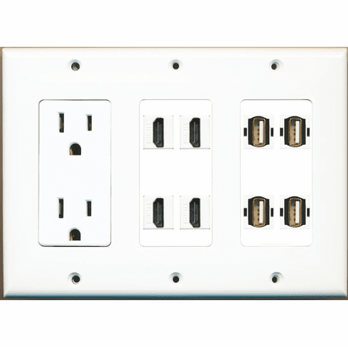 RiteAV 4 Hdmi 4 Usb A-A Power Outlet Wall Plate 3 Gang White