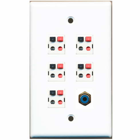 RiteAV 5 x Speaker Jacks and 1 x RCA Subwoofer Port Wall Plate Single Gang White