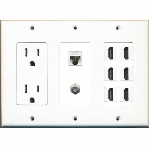 RiteAV 6 Hdmi 1 Cat5e 1 Coax Power Outlet Wall Plate White