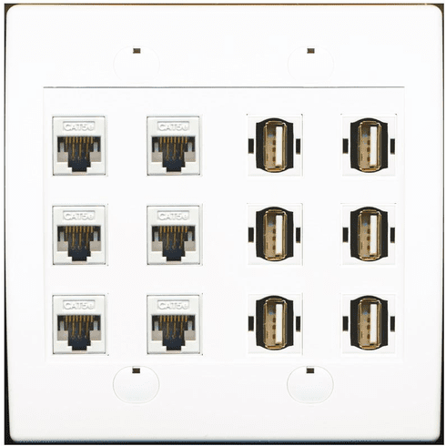 RiteAV 6 x Cat5e and 6 x USB A-A Flat Wall Plate Dual Gang White