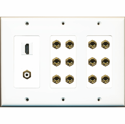 RiteAV Hdmi and 12 Banana Plug Jack 1 RCA Subwoofer 6.1 Speaker Wall Plate White