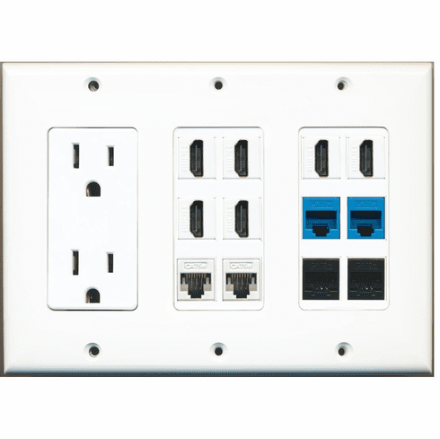RiteAV Power 6 HDMI and 2-White 2-Black 2-Blue Cat6 RJ45 Ethernet Wall Plate