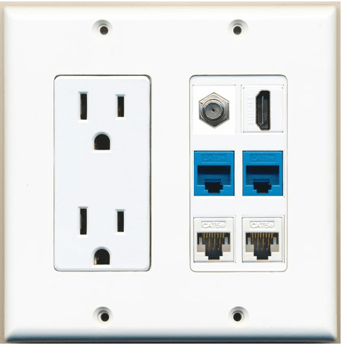 RiteAV Power Outlet Coax Cable TV HDMI 2 x Cat5e Blue and 2 x Cat5e Wall Plate