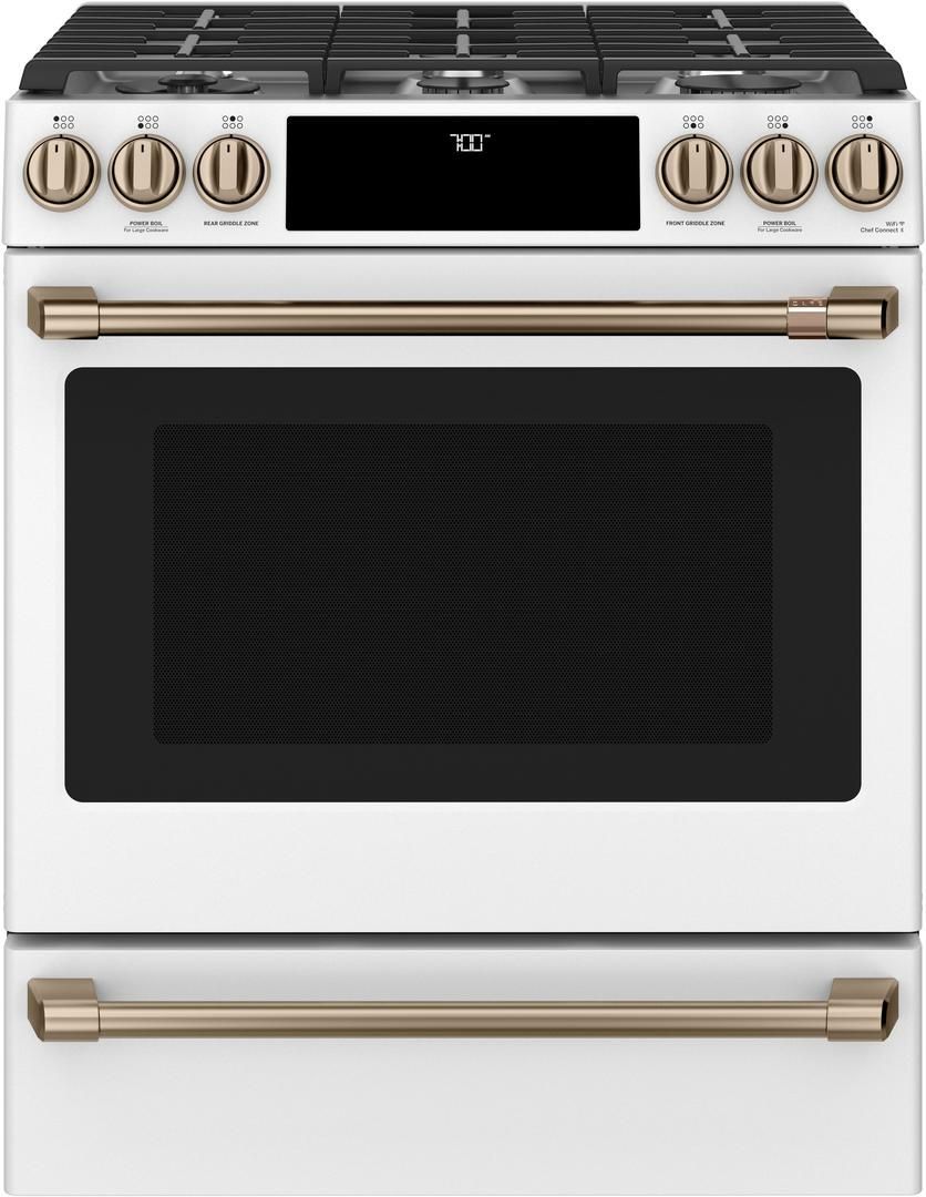 CGS700P4MW2 Cafe 30" SlideIn Front Control Convection Gas Range Matte White with Brushed