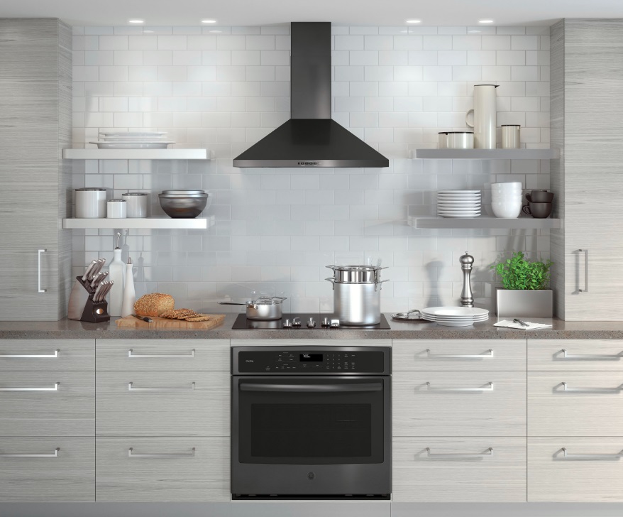 JVW5301BJTS GE 30" WallMount Pyramid Chimney Hood with 350 CFM Venting System Black Stainless