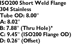 ISO200 Short Weld Flange
304 Stainless
Tube OD: 8.00"
A: 8.02"
B: 7.88" (Thru Hole)*
C: 9.45" (ISO200 Flange OD) 
D: 0.26" (Offset)