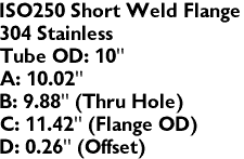 ISO250 Short Weld Flange
304 Stainless
Tube OD: 10"
A: 10.02"
B: 9.88" (Thru Hole)
C: 11.42" (Flange OD)
D: 0.26" (Offset)
